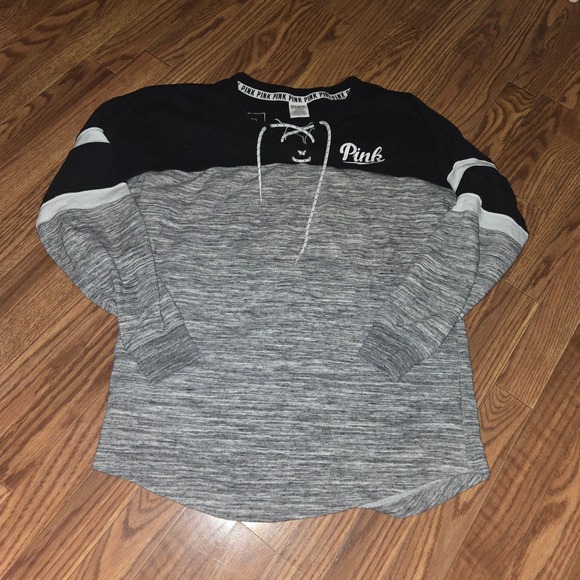Pink Victoria's Secret Grey/Black Pullover Varsity Sweatshirt Tie Front Small - Picture 4 of 12
